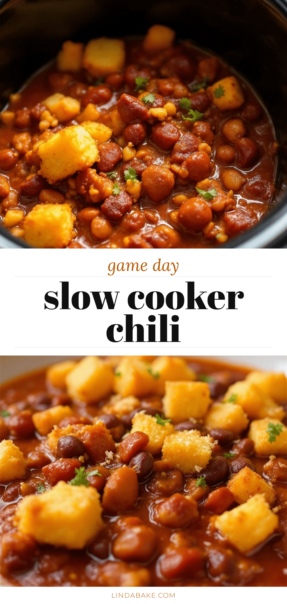Best Slow Cooker Football Chili with Cornbread Croutons recipe