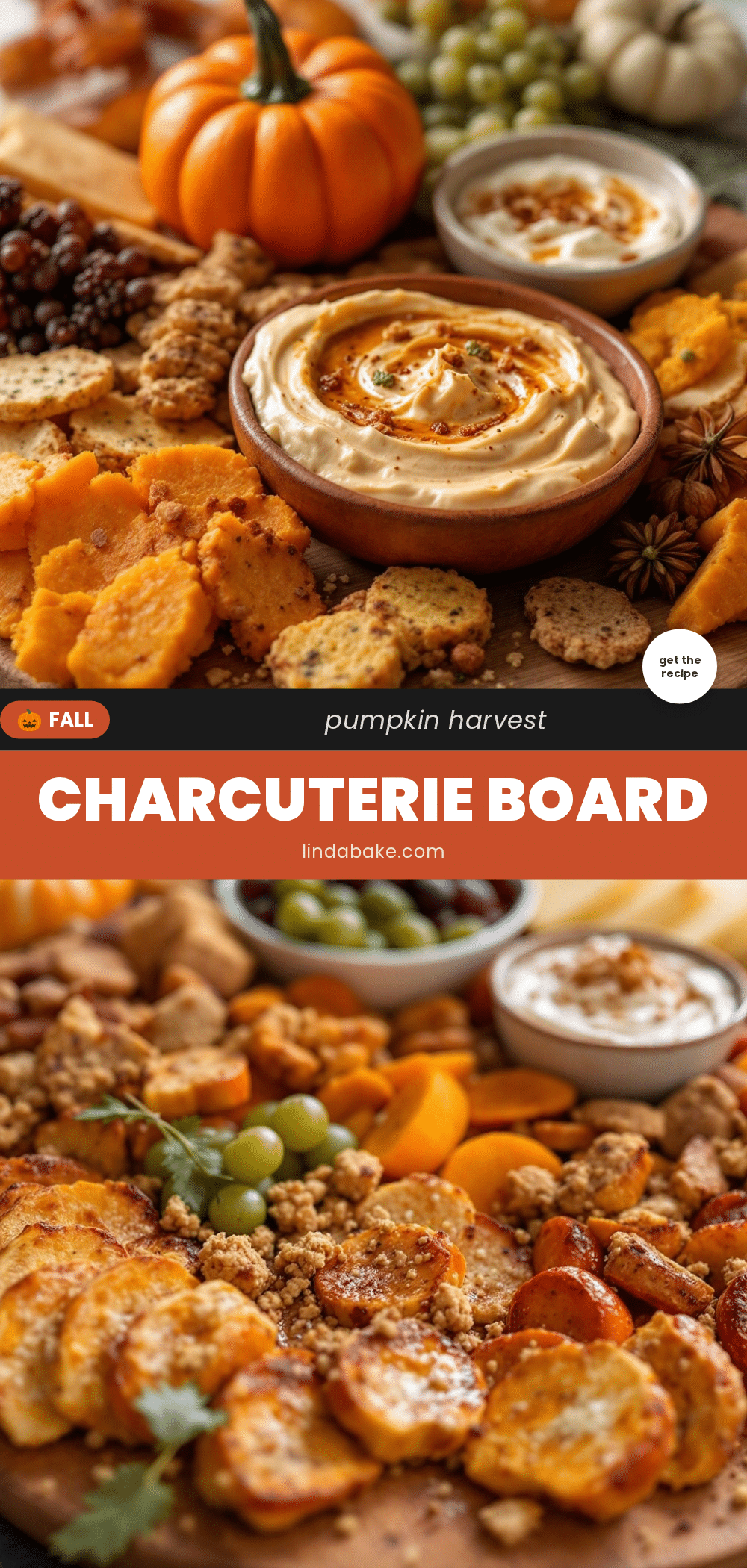 charcuterie board with fall harvest pumpkin maple dip recipe