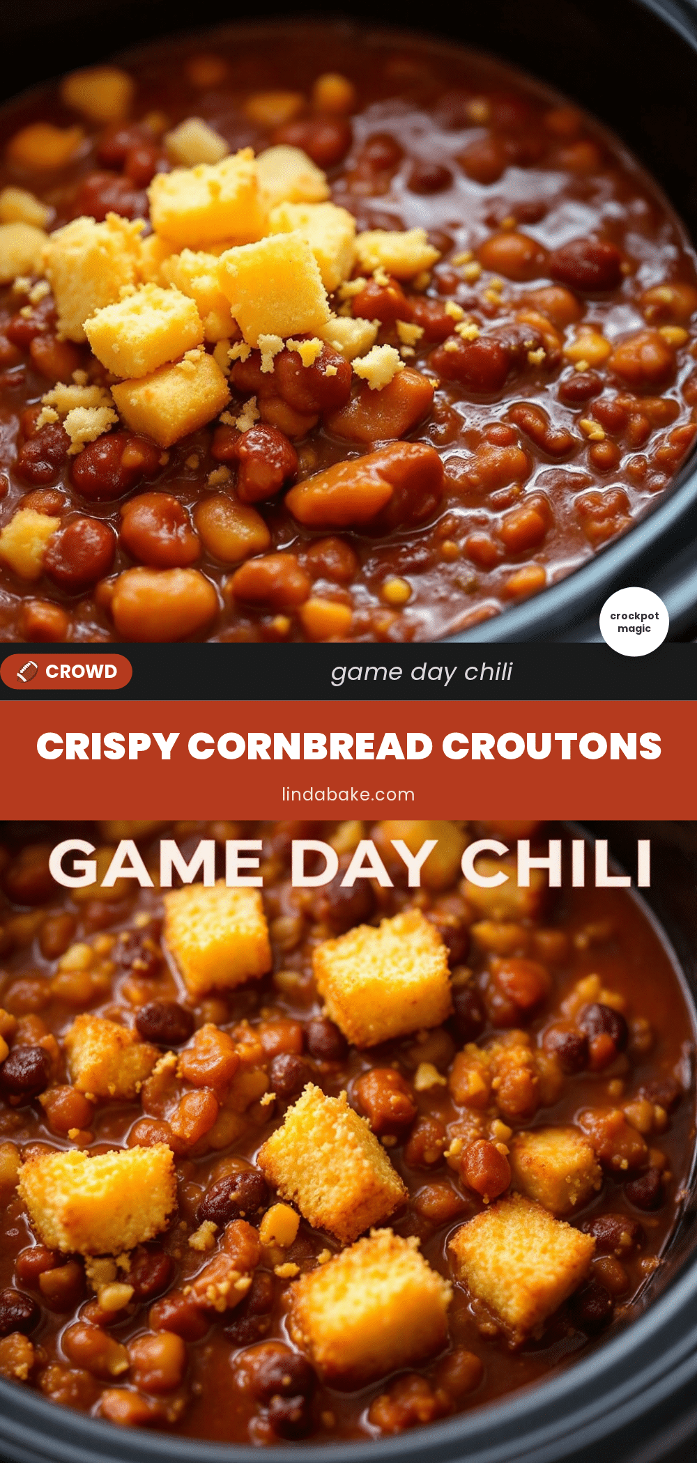 crockpot game day chili with cornbread croutons recipe