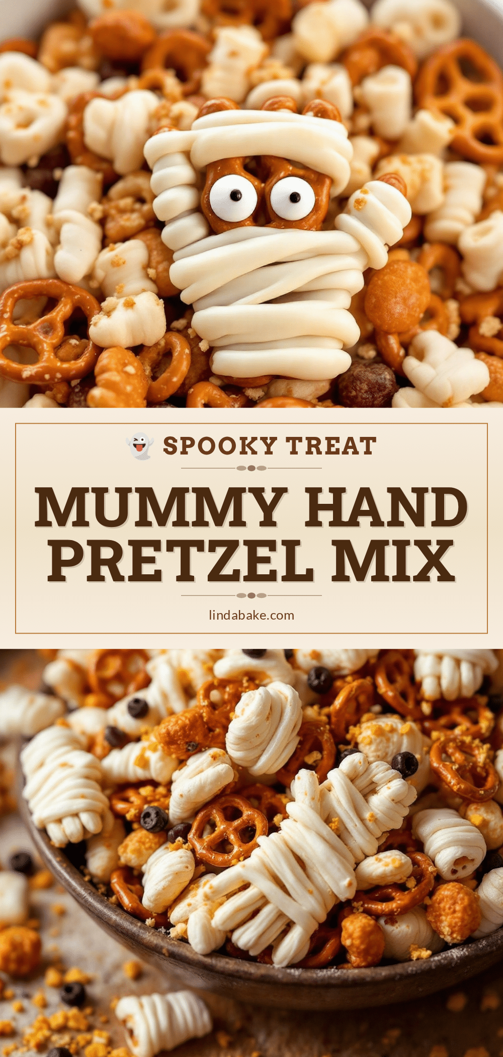 Mummy Hand Pretzel Halloween Snack Mix recipe